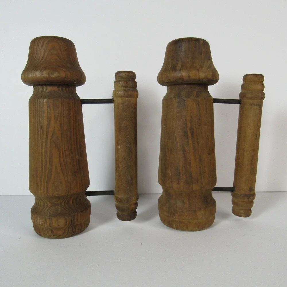 Vintage Large Wooden & Metal Salt & Pepper Shakers with handles VTG with plugs